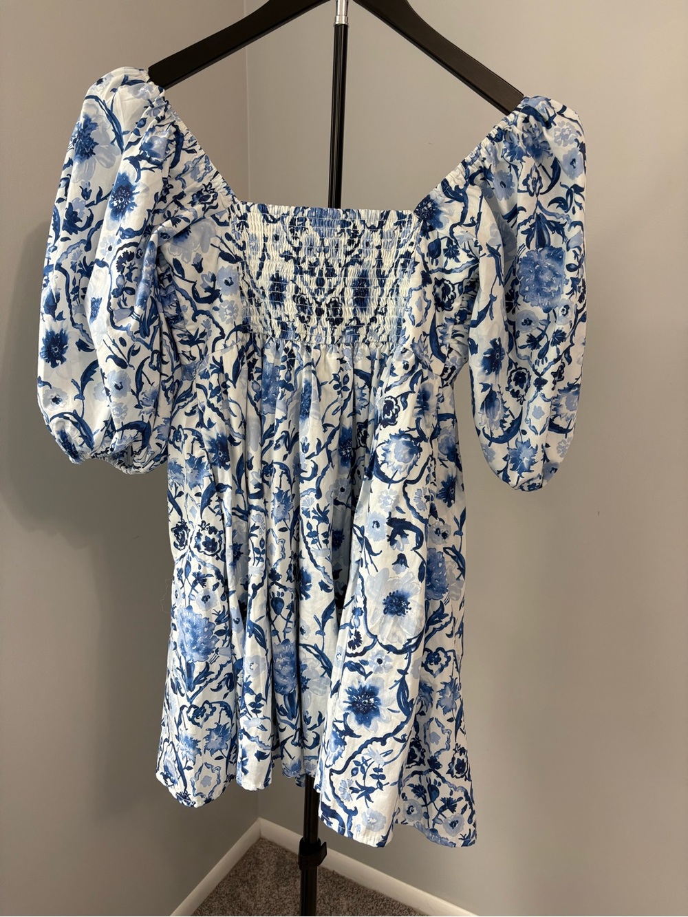 Abercrombie & Fitch Blue Floral Ruched Puff Sleeve Emerson Mini Dress Cotton S - Picture 4 of 9